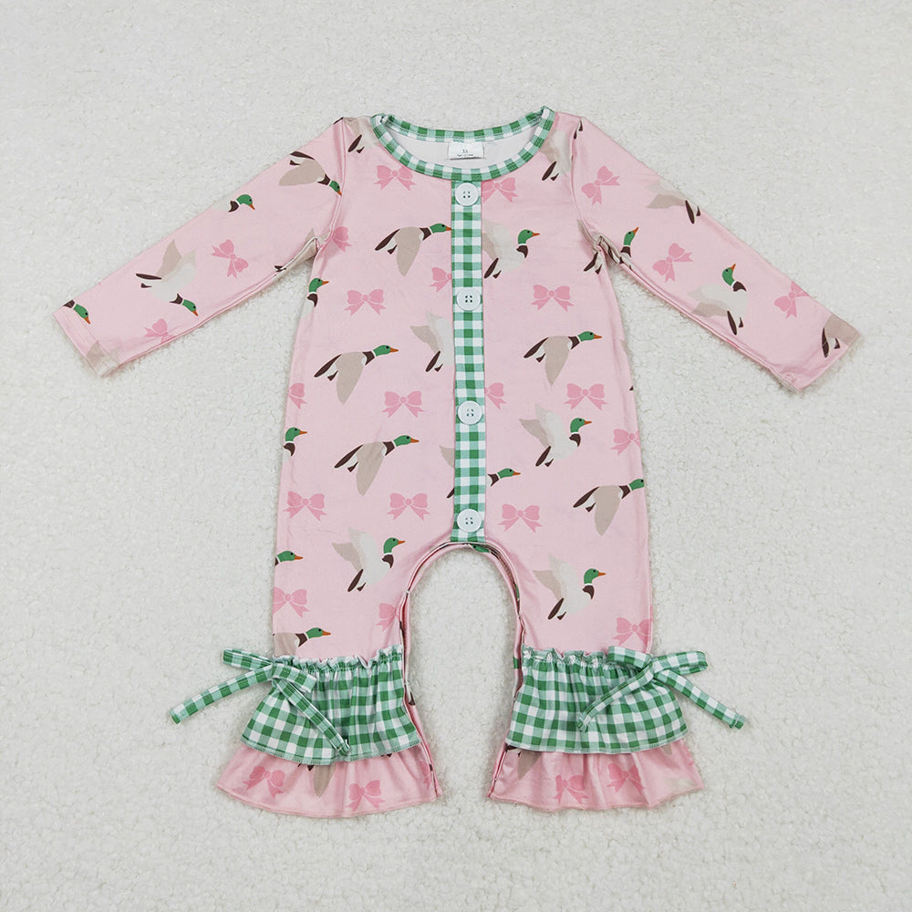 Baby Girl Long Sleeves Ducks Bows Green Plaid Sibling Sister Romper Clothes Set