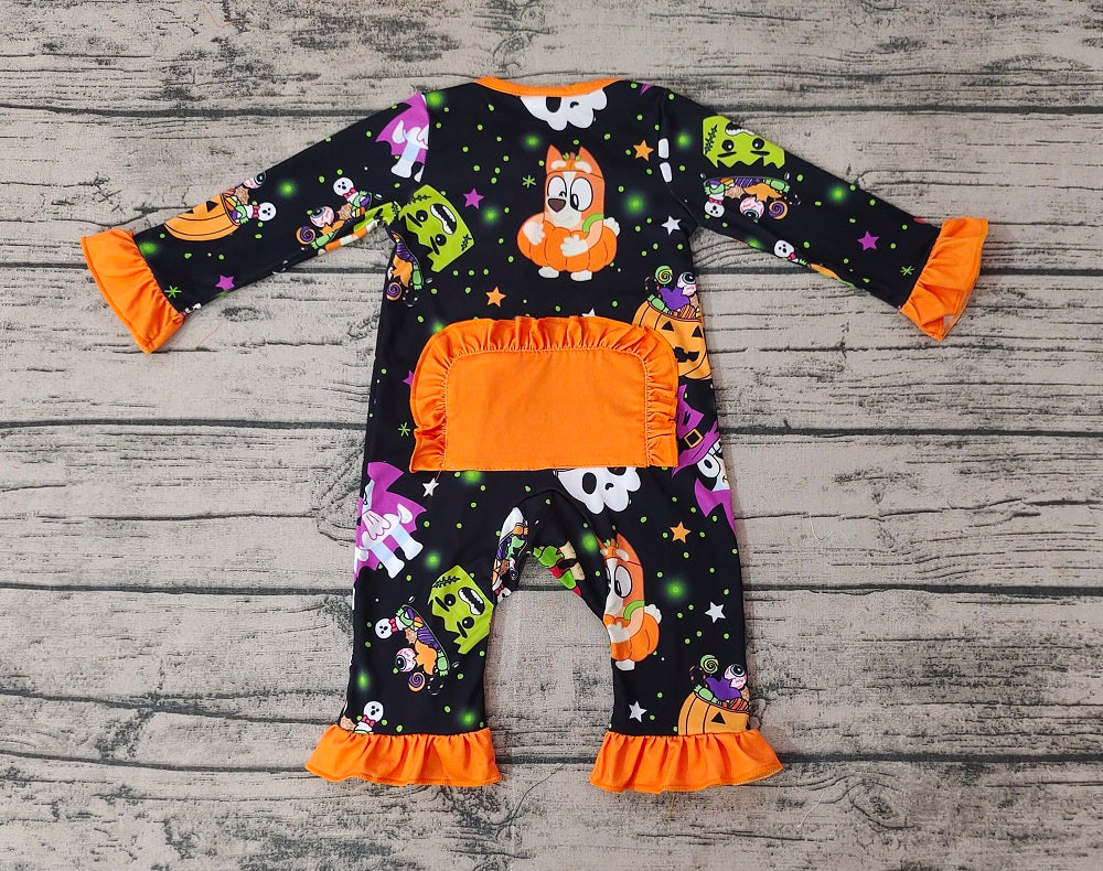 Baby Girl Long Sleeves Halloween Dogs Pumpkin Zipper Romper