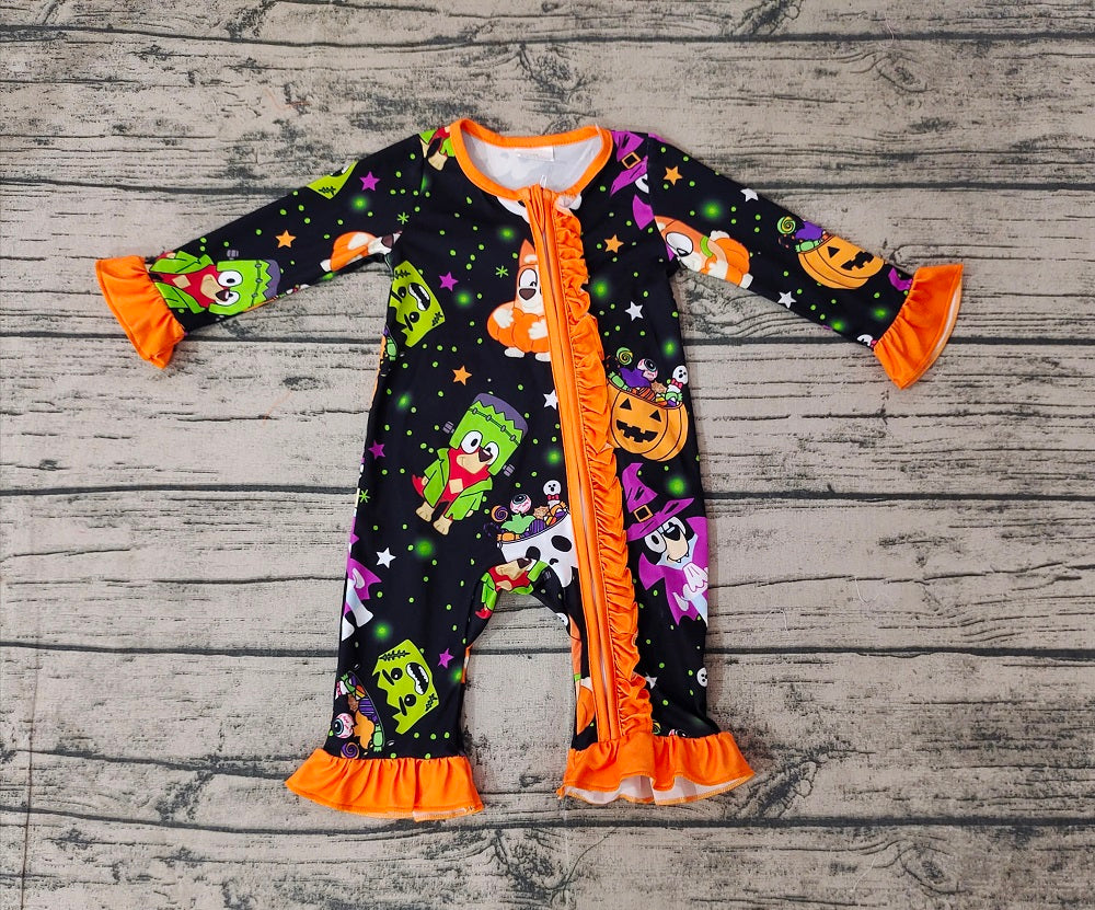 Baby Girl Long Sleeves Halloween Dogs Pumpkin Zipper Romper