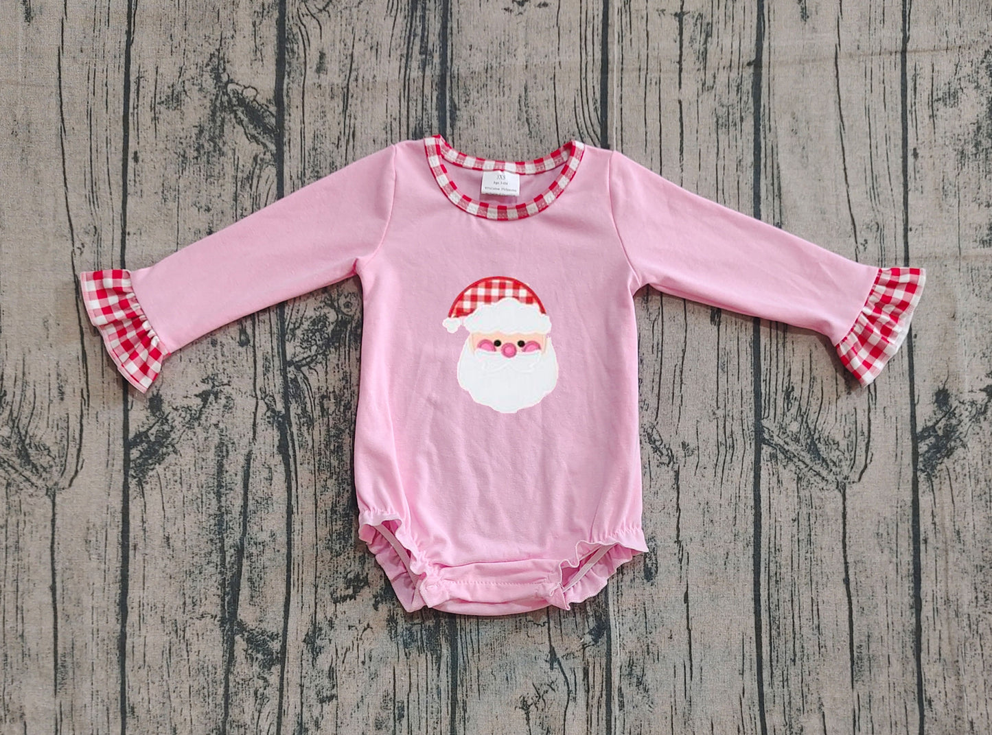 ( No moq ) Preorder Baby Girl Long Sleeves Embroidery Christmas Santa Pink Romper