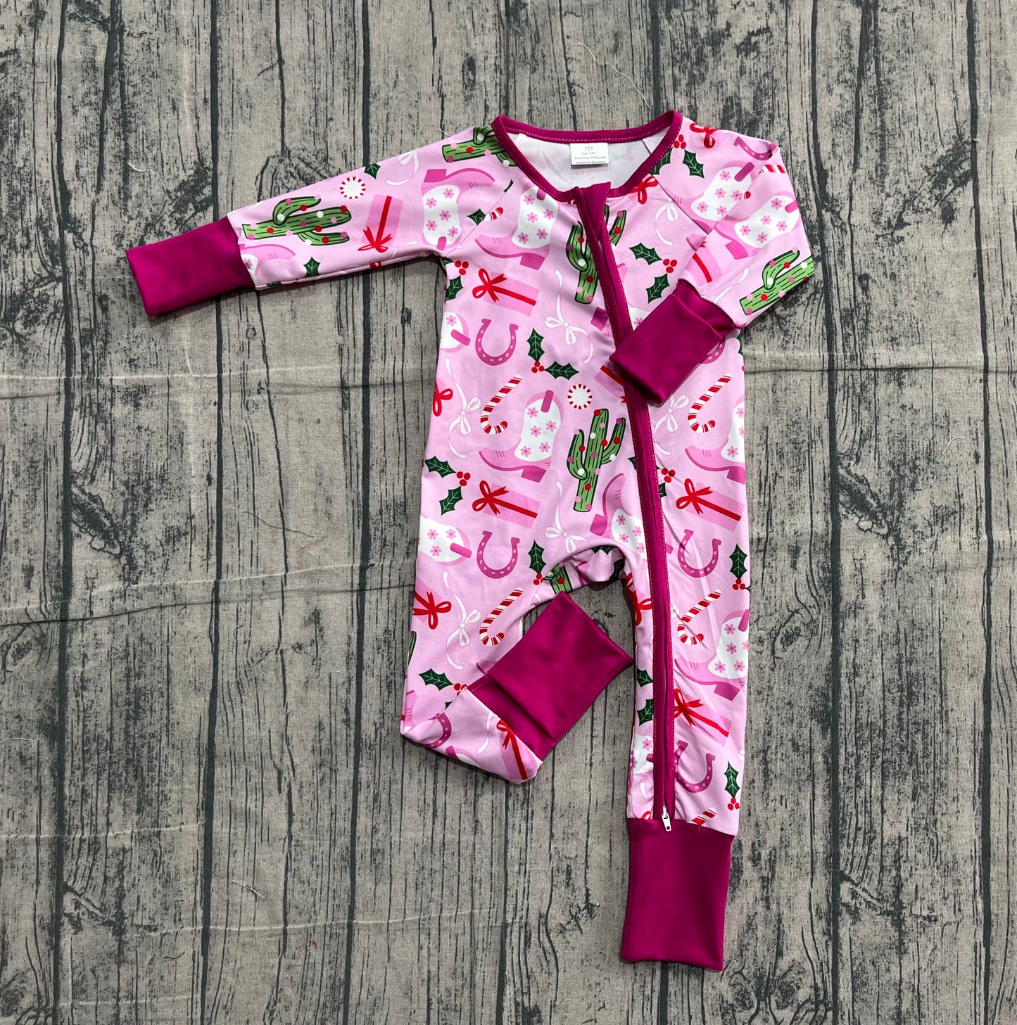 Baby Girl Long Sleeves Western Boots Cactus Christmas Zipper Romper RTS