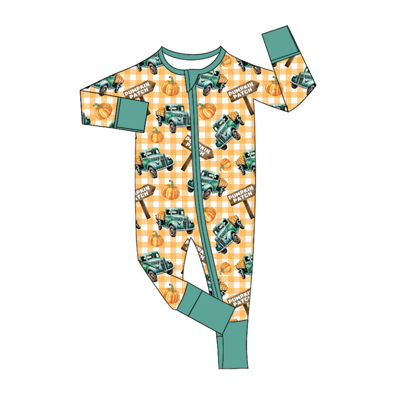 Pre-order Baby Boy Farm Pumpkin Trucks Zipper Romper