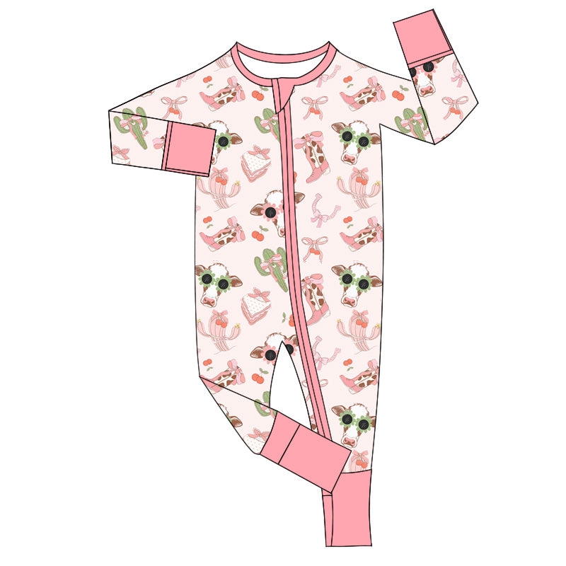Pre-order Baby Girl Long Sleeves Western Cactus Cow Zipper Romper
