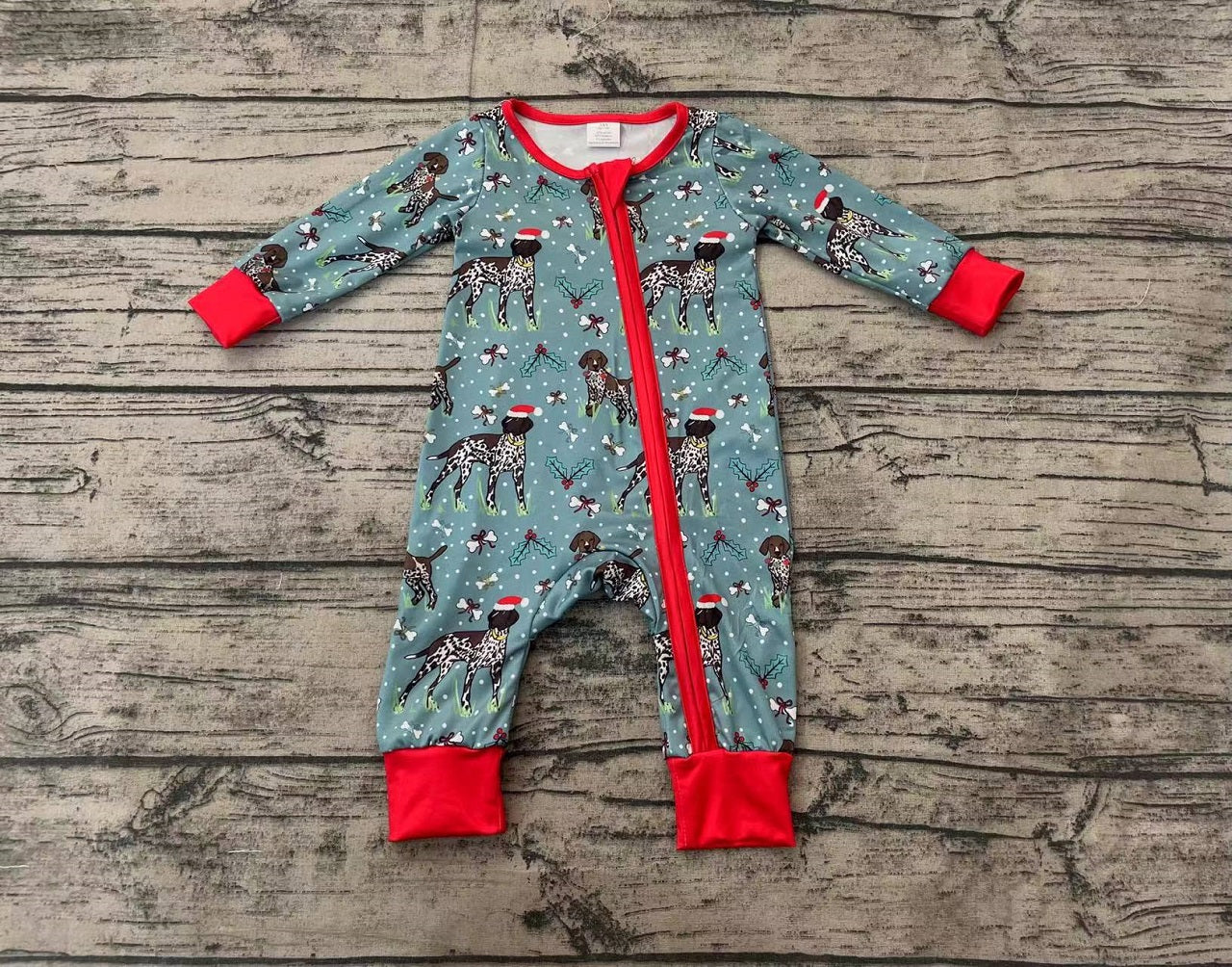 Baby Boy Long Sleeves Christmas Dogs Zipper Green Romper