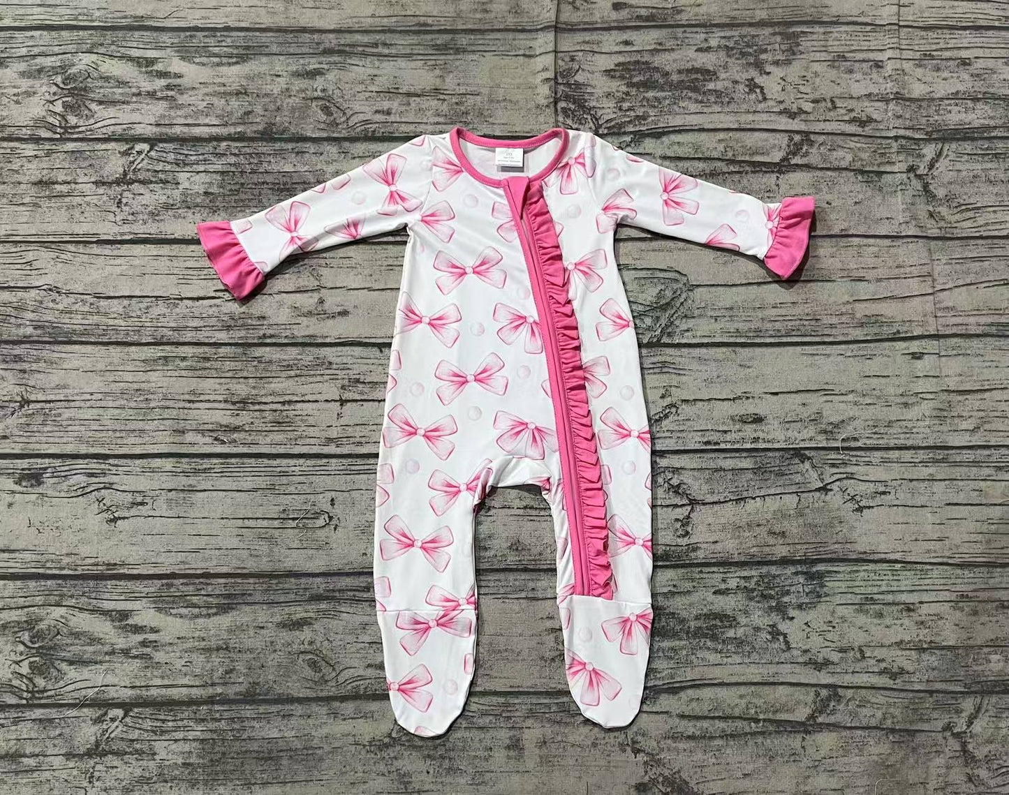 Baby Girl Long Sleeves Pink Bows Ruffle Zipper Footie Romper