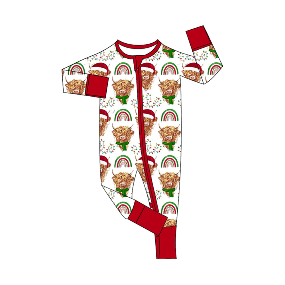 Pre-order Baby Girl Christmas Highland Cow Rainbow Zipper Romper