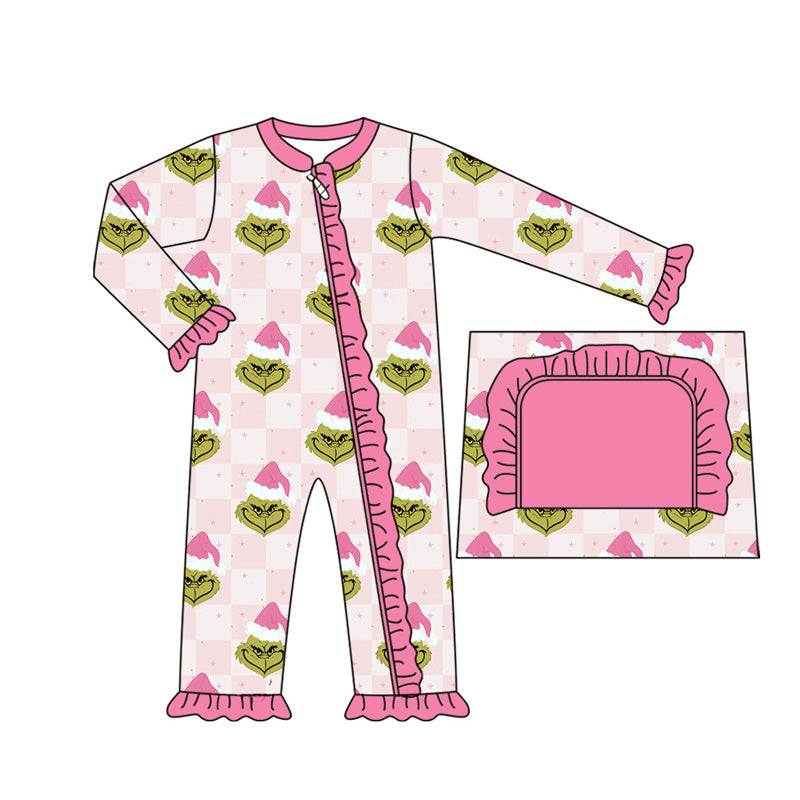 Pre-order Newborn Baby Girl Christmas Green Frog Checkered Pink Romper