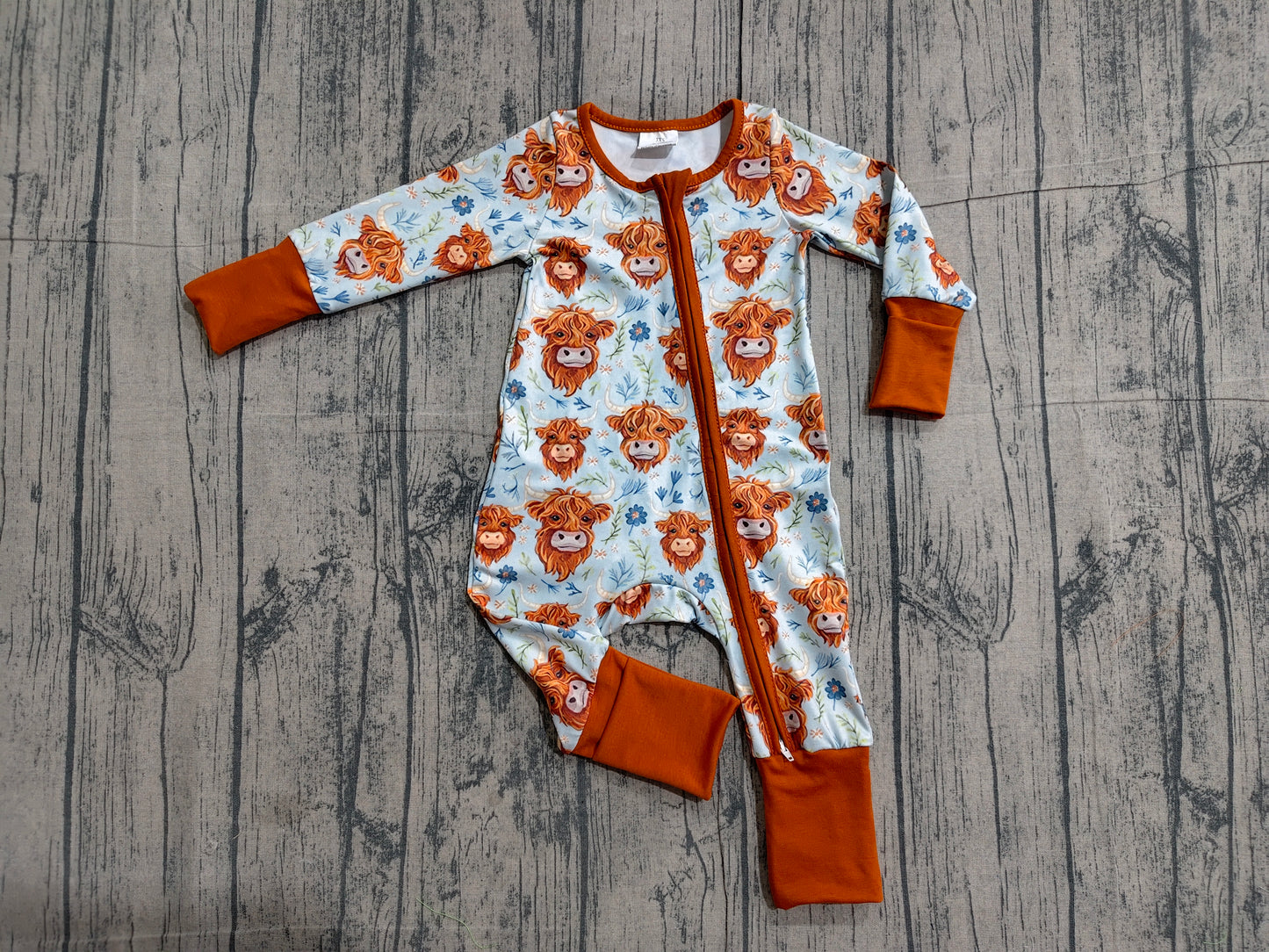 Baby Girls Infant Long Sleeves Western Cows Flower Zipper Romper Clothes RTS