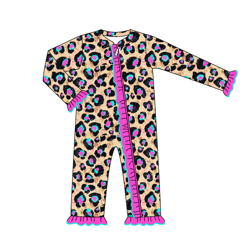 Pre-order Newborn Baby Girl Leopard Ruffle Zipper Romper