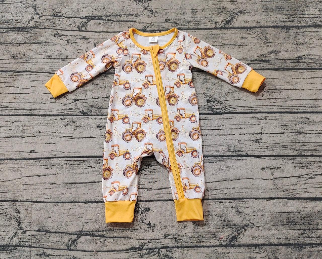 Newborn Baby Boy Long Sleeves Farm Trucks Zipper Bamboo Romper