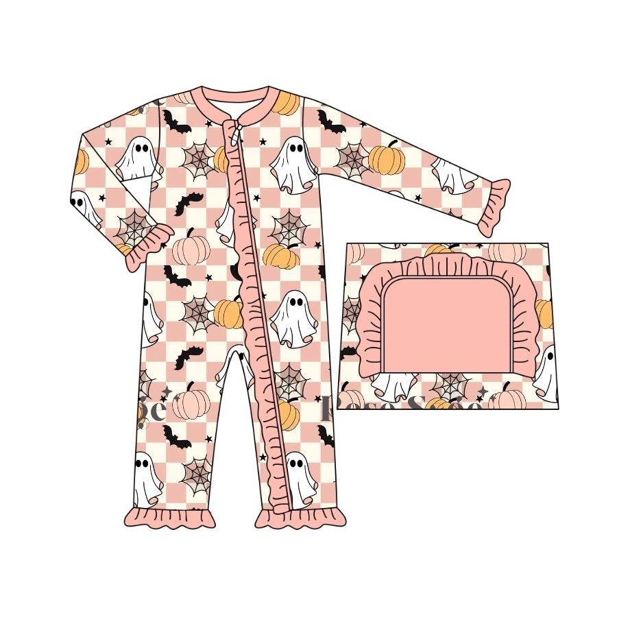 Pre-order Baby Girl Ghost Pumpkin Plaid Halloween Sleeper Zipper Romper