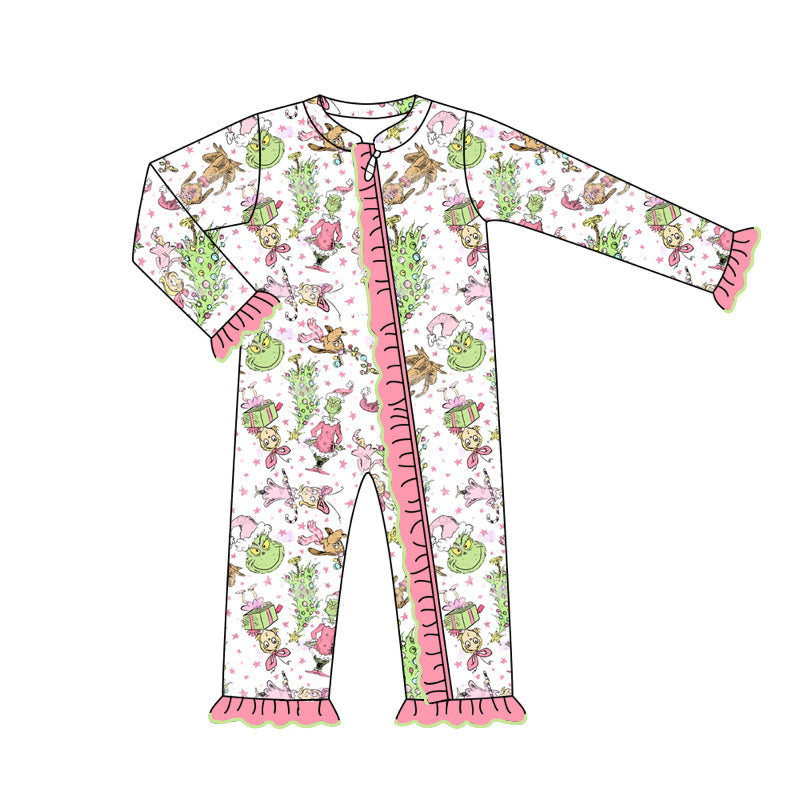 Pre-order Baby Girl Infant Christmas Green Face Zipper Pink Romper