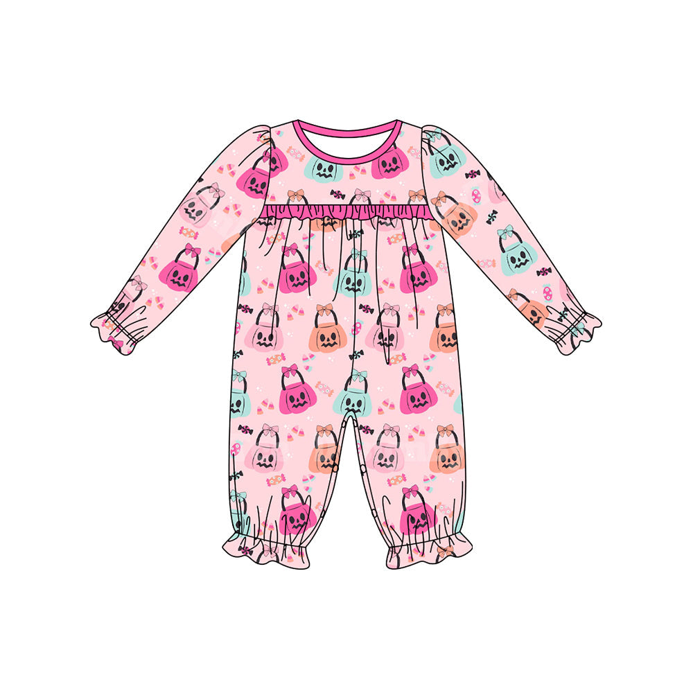 Pre-order Infant Baby Girl Halloween Pink Pumpkin Basket Romper