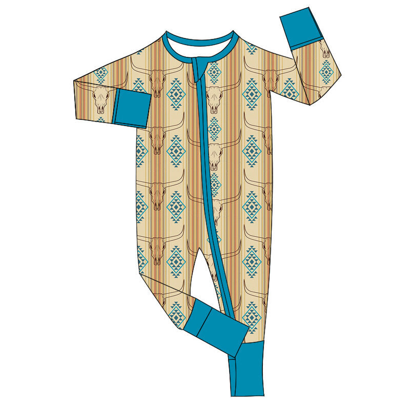 Pre-order Baby Boy Infant Western Aztec Cow Stripes Zipper Romper