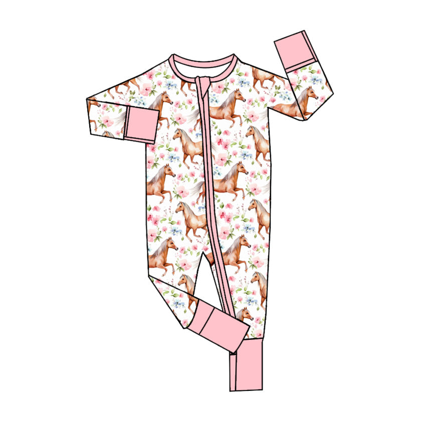 Pre-order Baby Girl Infant Western Horse Flower Long Sleeves Romper