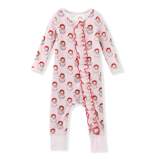 Pre-order Baby Girl Infant Christmas Santa Zipper Long Sleeves Pink Romper