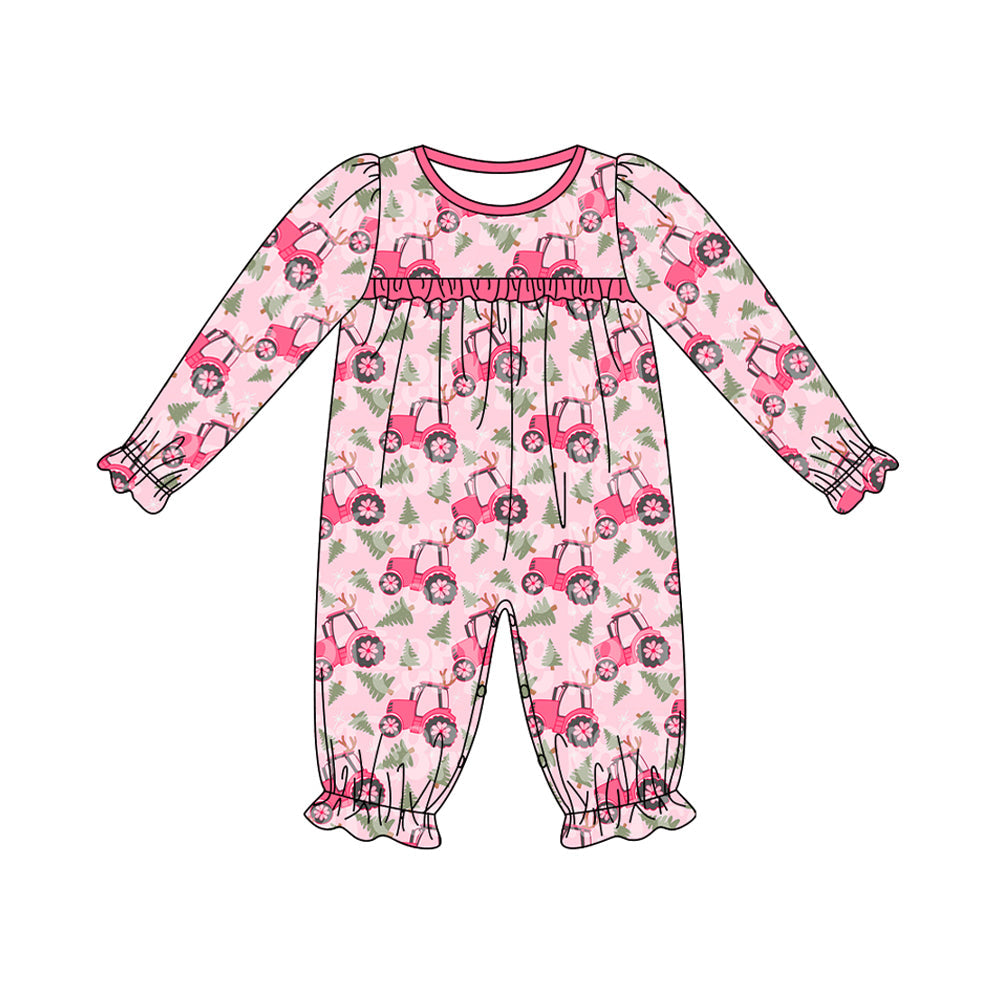 Pre-order Baby Girl Infant Long Sleeves Christmas Truck Trees Pink Romper