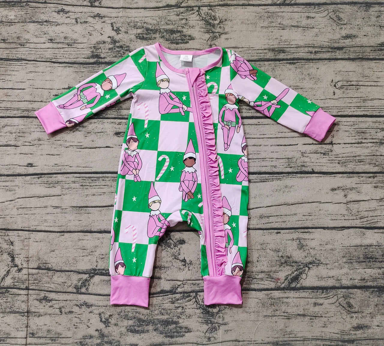 Baby Girl Infant Long Sleeves Pink Green Christmas Zipper Bamboo Romper