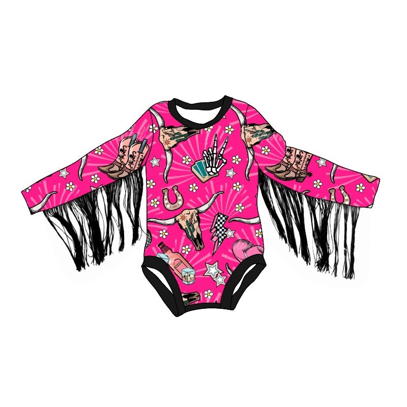 Pre-order Baby Girl Infant Cow Skull Western Tassel Pink Romper