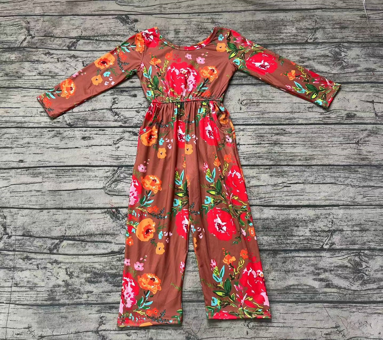 Baby Girl Long Sleeves Flower Fall Pocket Pocket Buttons Jumpsuit