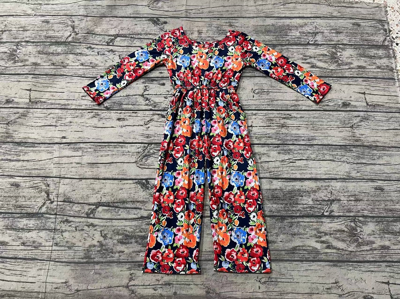 Baby Girl Flower Long Sleeves Fall Pocket Buttons Jumpsuit