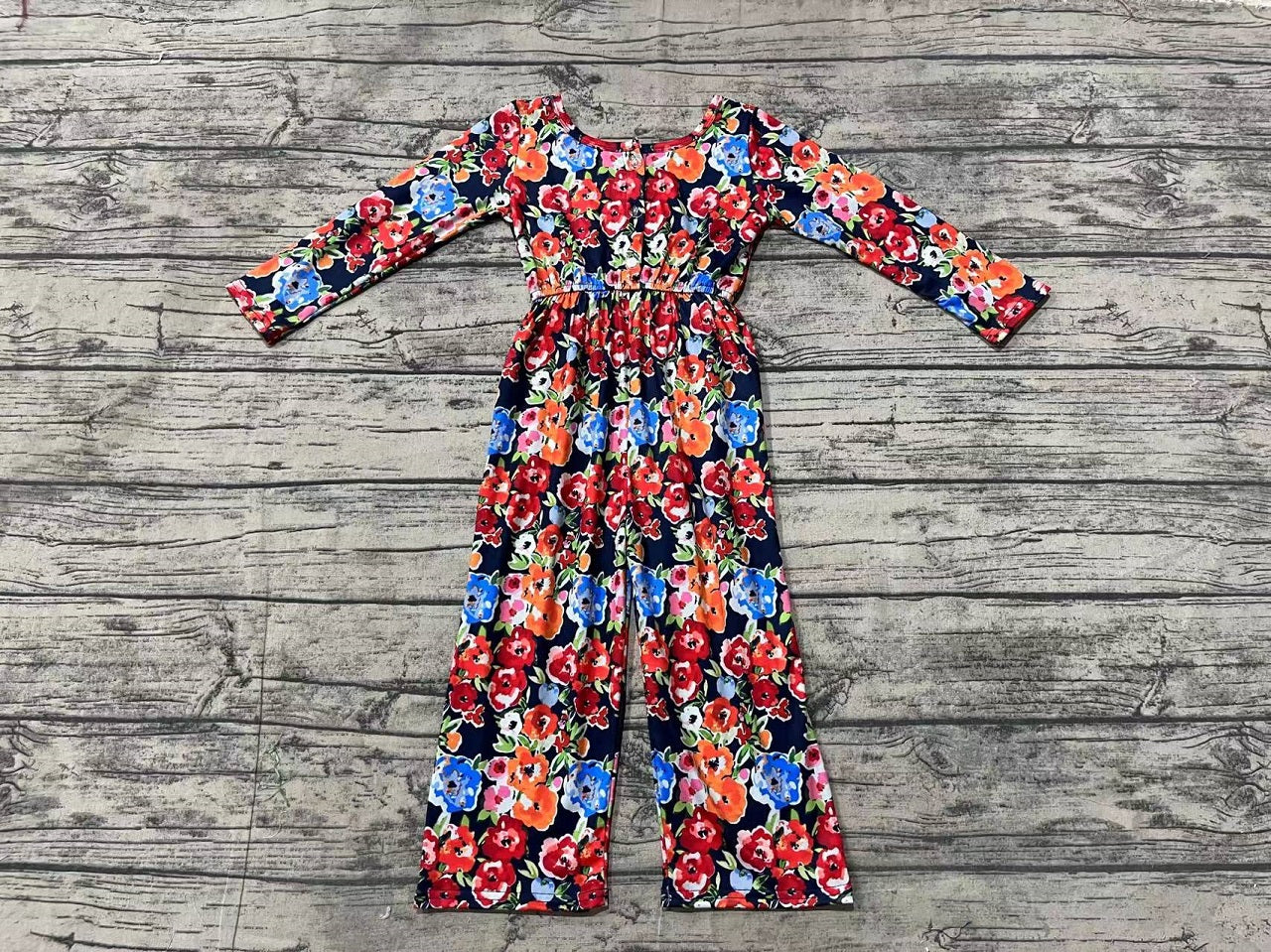 Baby Girl Flower Long Sleeves Fall Pocket Buttons Jumpsuit