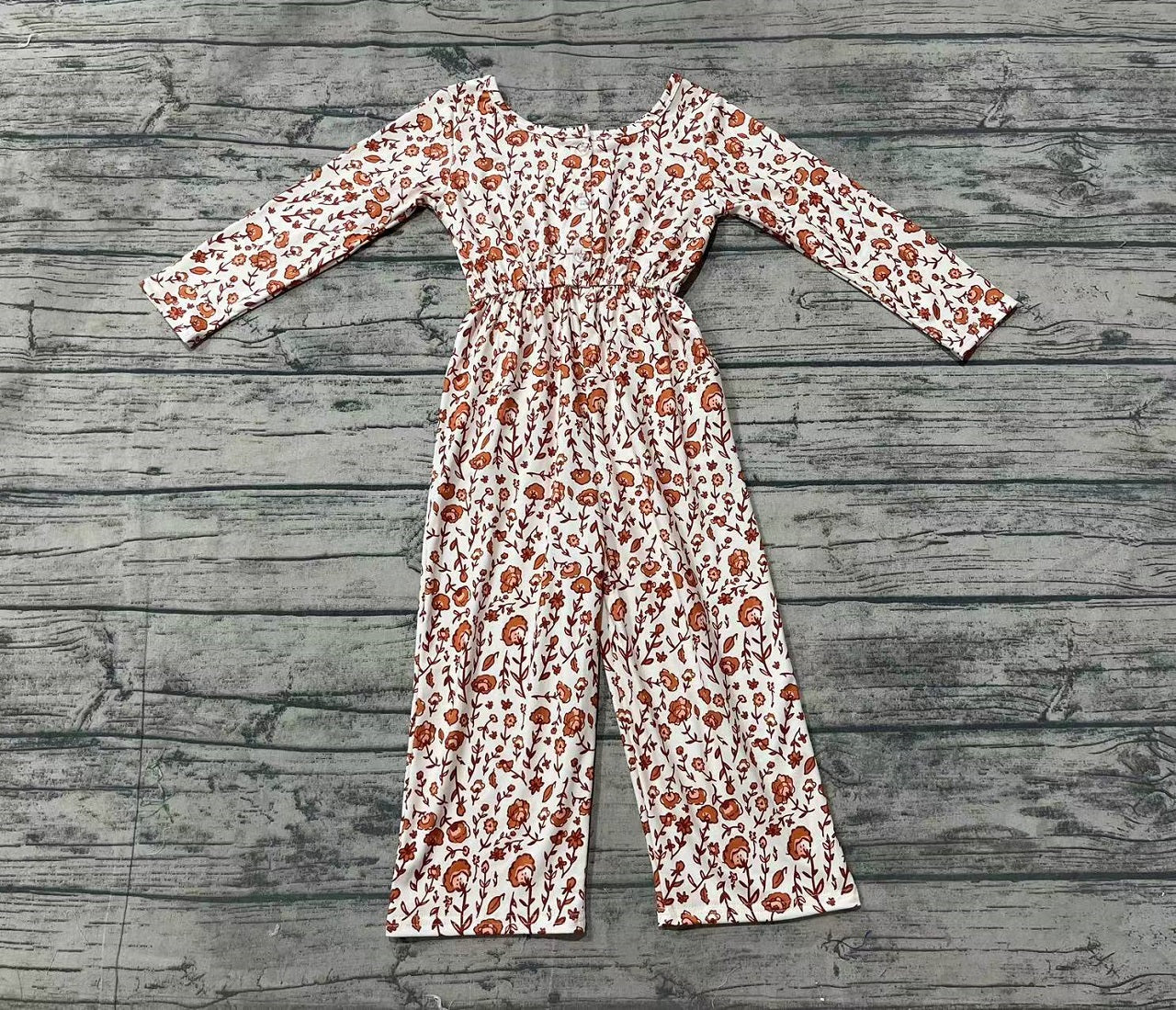 Baby Girl Long Sleeves Floral Leaves Fall Pocket Buttons Jumpsuit