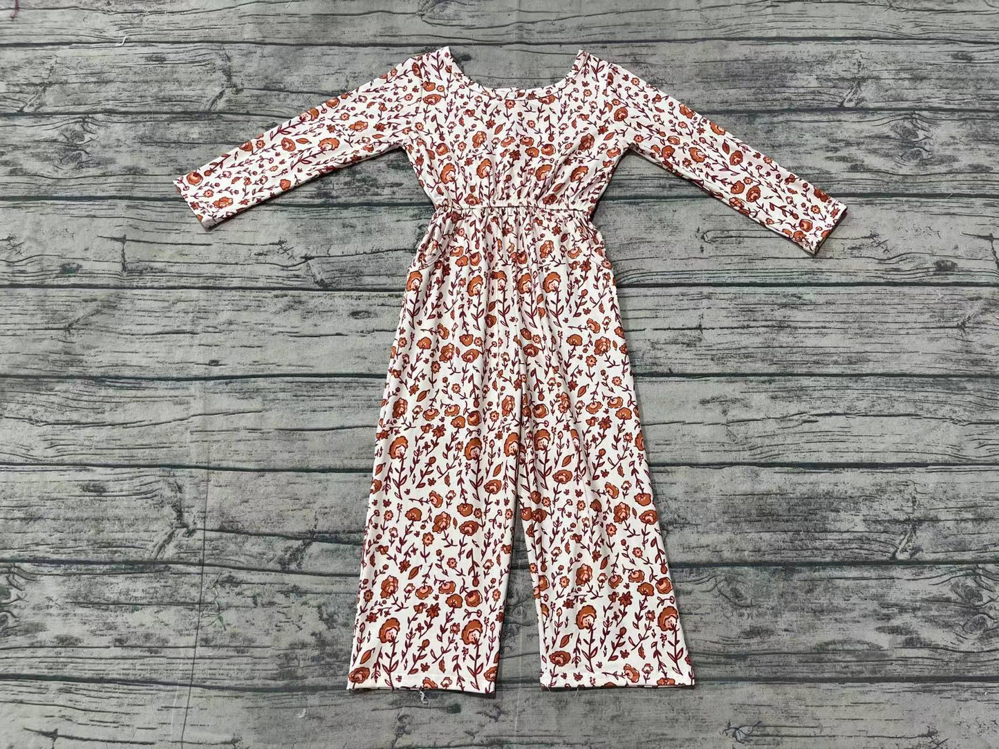 Baby Girl Long Sleeves Floral Leaves Fall Pocket Buttons Jumpsuit