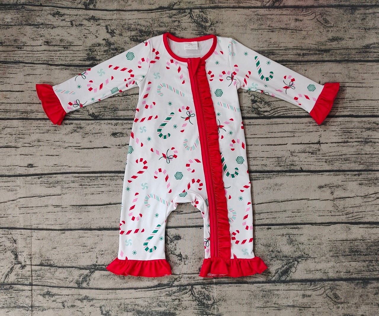 Baby Girl Long Sleeves Christmas Candy Cane Zipper Christmas Romper