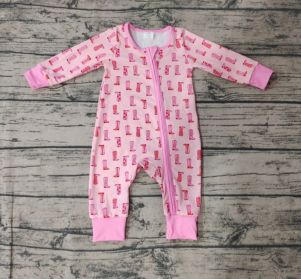 Baby Girl Infant Long Sleeves Western Boots Pink Zipper Bamboo Romper