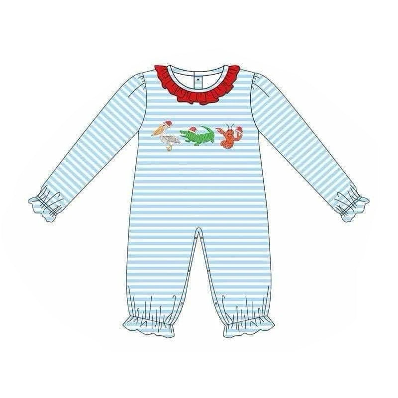 Pre-order Baby Girl Infant Christmas Crawfish Duck Blue Stripes Romper