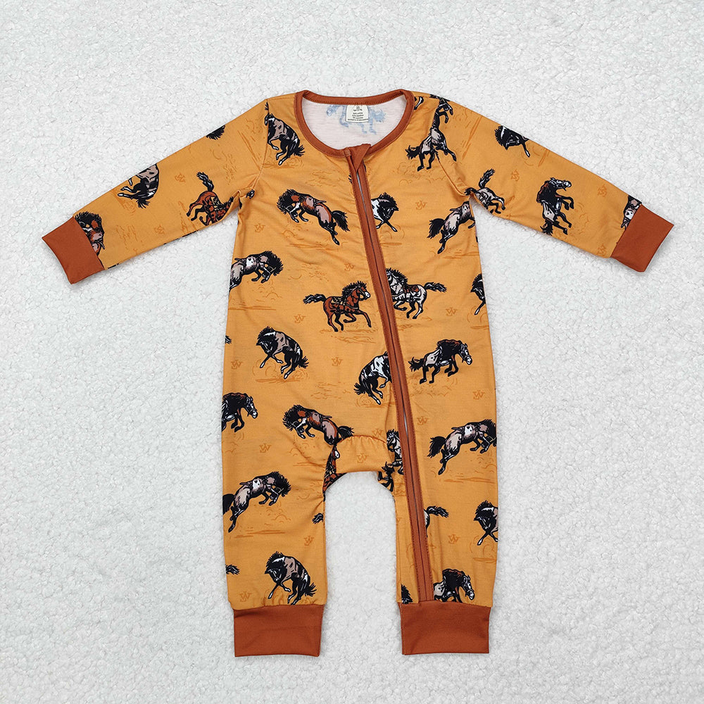 Baby Boy Long Sleeves Western Horse Sibling Brother Bamboo Romper Pajamas Set