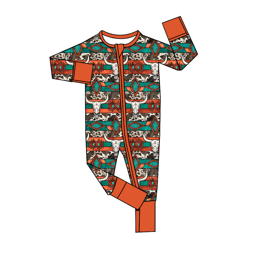 Pre-order Baby Boy Infant Cow Skull Western Zipper Romper