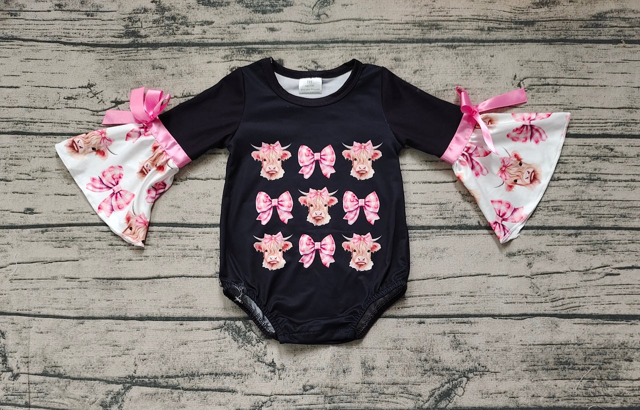 Baby Girl Infant Long Sleeves Cow Bows Western Black Bubble Romper