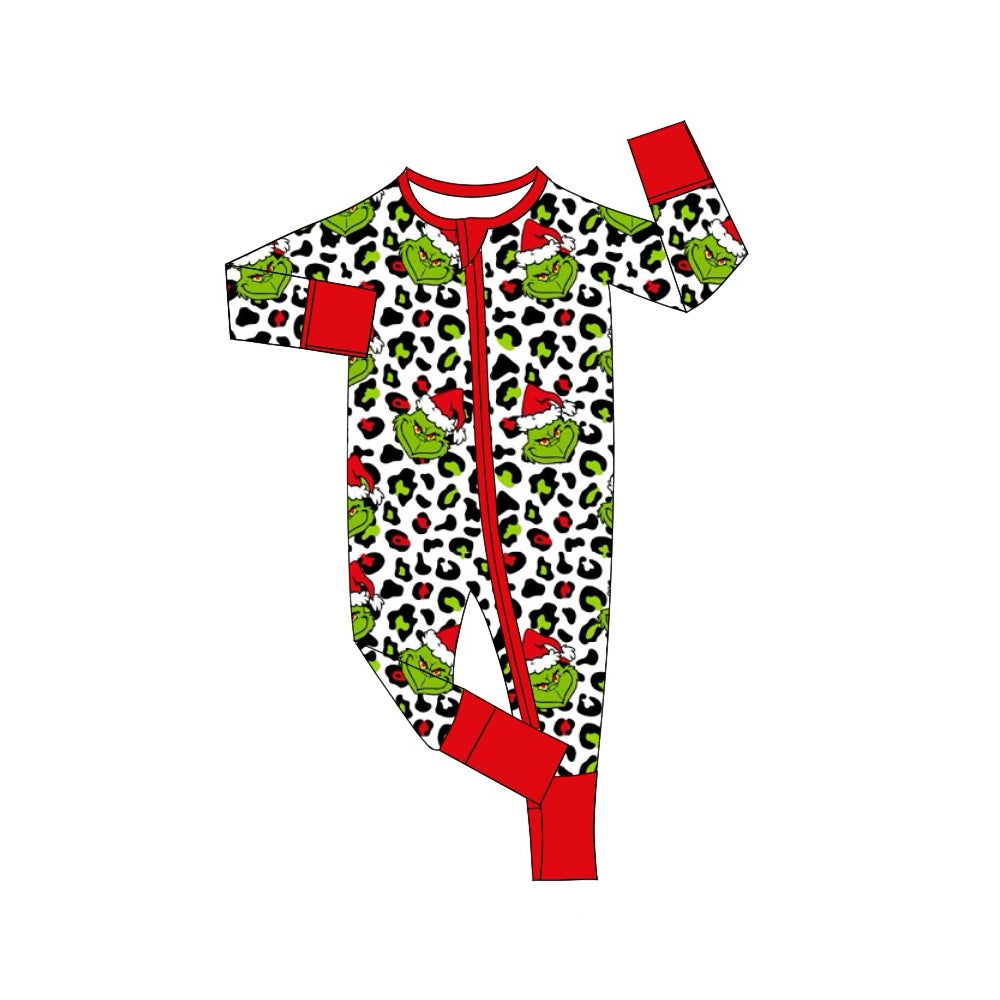 Pre-order Baby Boy Infant Leopard Christmas Green Face Zipper Romper