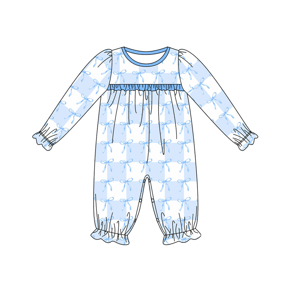 Pre-order Baby Girl Infant Long Sleeves Blue Bows Checkered Romper