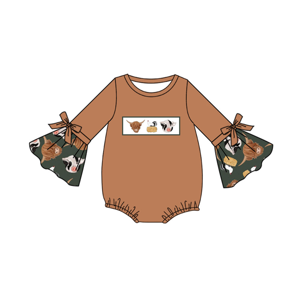 Pre-order Baby Girl Infant Farm Animals Brown Bubble Romper