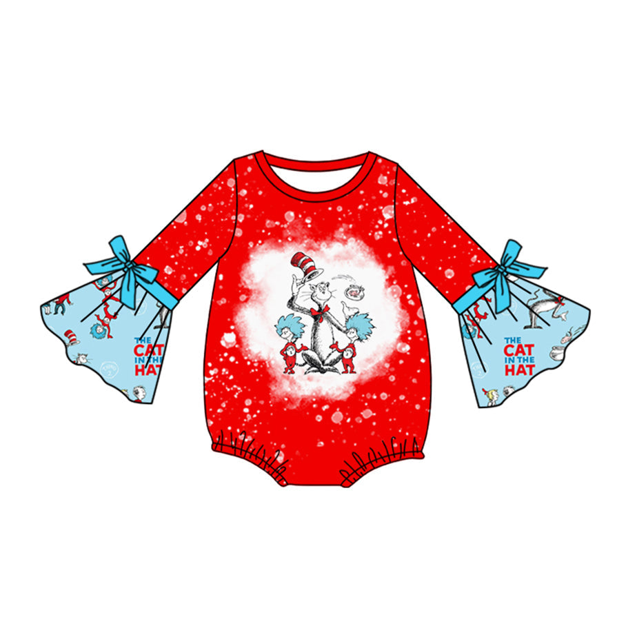 Pre-order Baby Girl Infant Reading Cat Red Bubble Romper