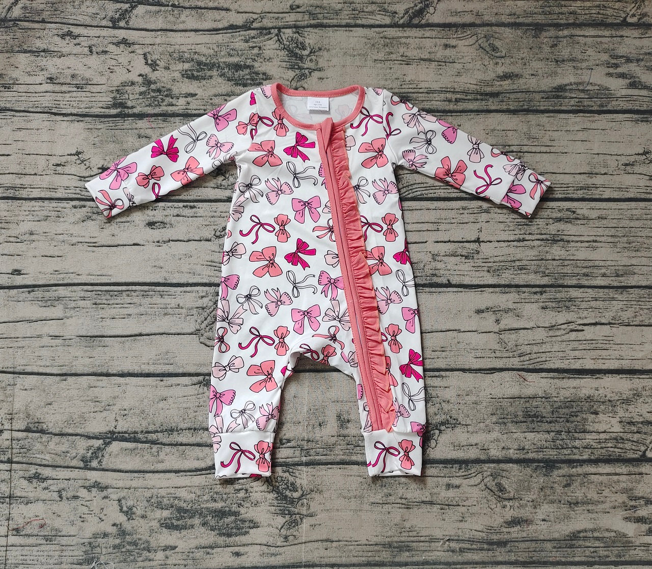 Baby Infant Girl Long Sleeves Valentines Pink Bows Zipper Bamboo Romper