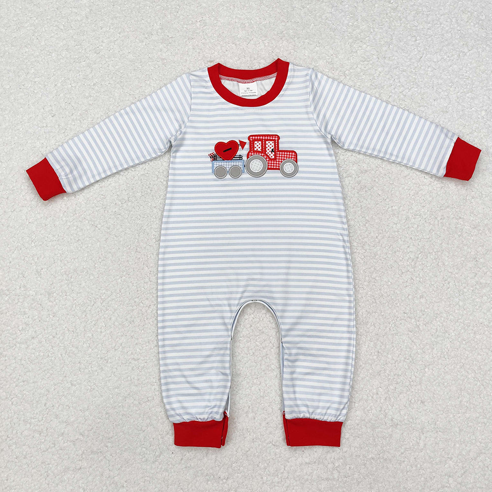 Baby Boy Girl Long Sleeves Embroidery Hearts Valentines Stripes Sibling Romper Dress Clothes Set