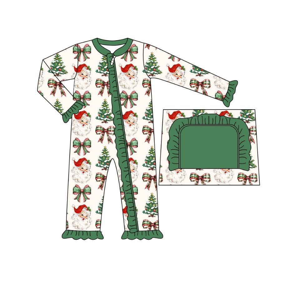 Pre-order Baby Girl Infant Long Sleeves Christmas Santa Bows Zipper Romper