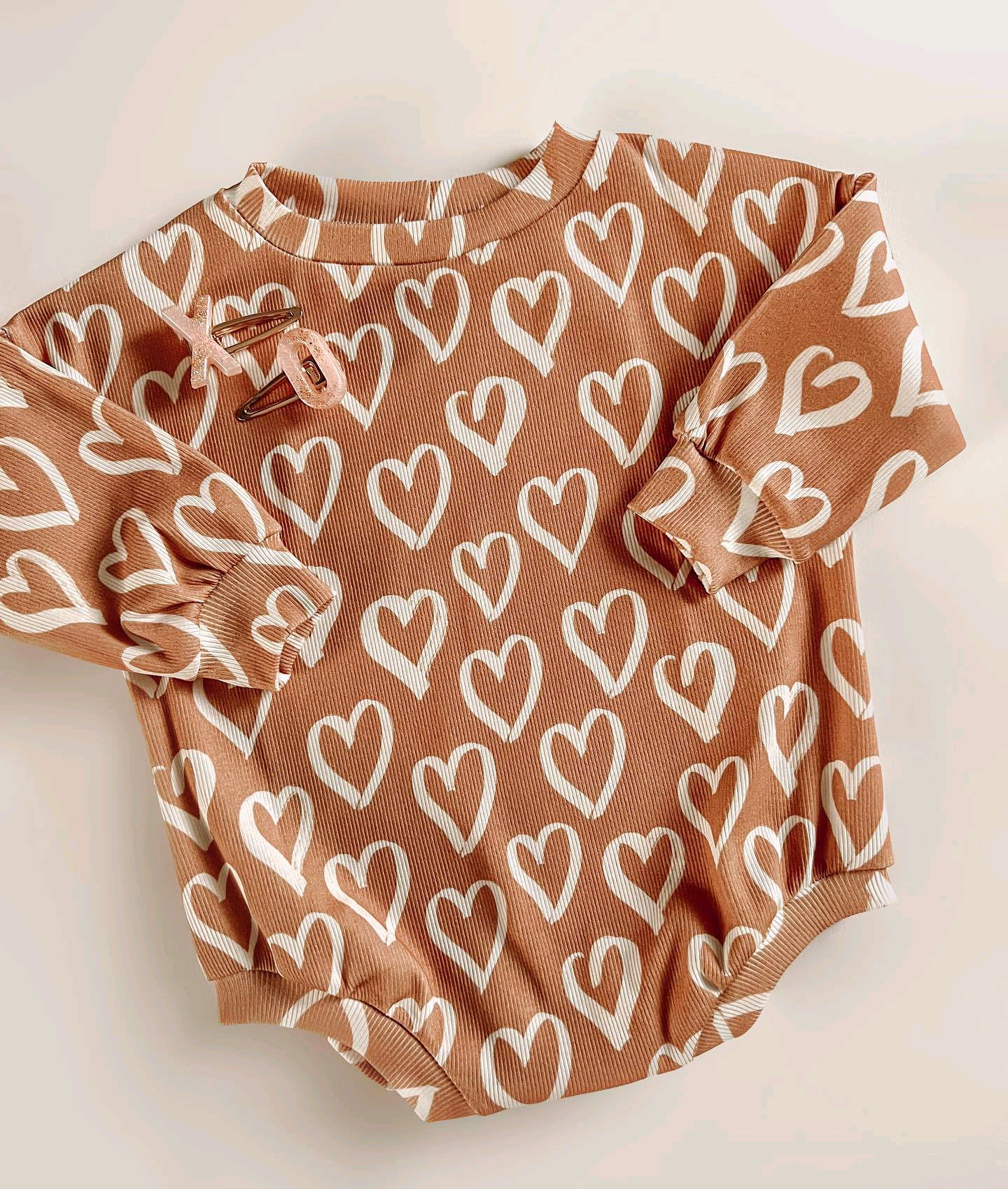 Pre-order Baby Kids Infant Brown Hearts Valentines Bubble Romper