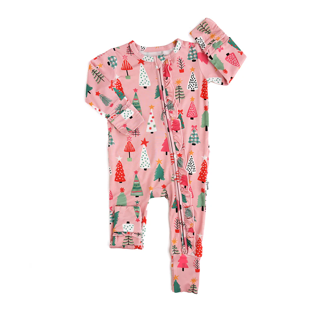 Pre-order Baby Girl Infant Christmas Tree Zipper Pink Romper