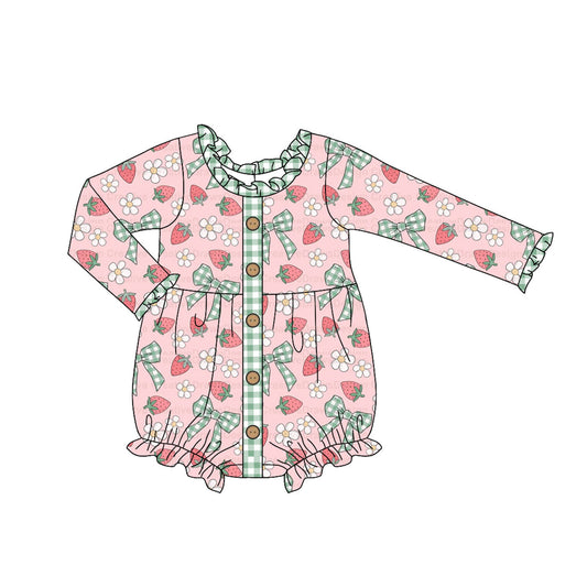 Pre-order Baby Girl Infant Strawberry Bows Long Sleeve Romper