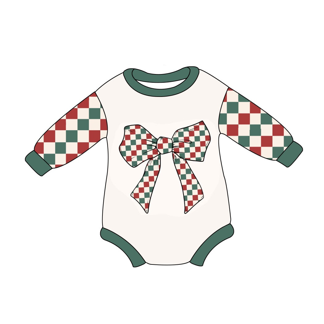 Pre-order Baby Girl Infant Red Green Checkered Christmas Bow Bubble Romper