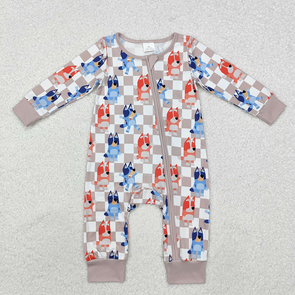 Baby Boy Long Sleeves Dogs Checkered Sibling Rompers Pajamas Set