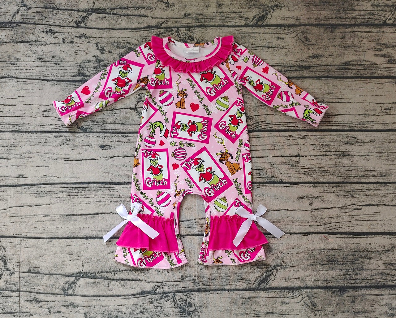 Baby Girl Infant Long Sleeves Green Face Dog Christmas Pink Ruffle Romper