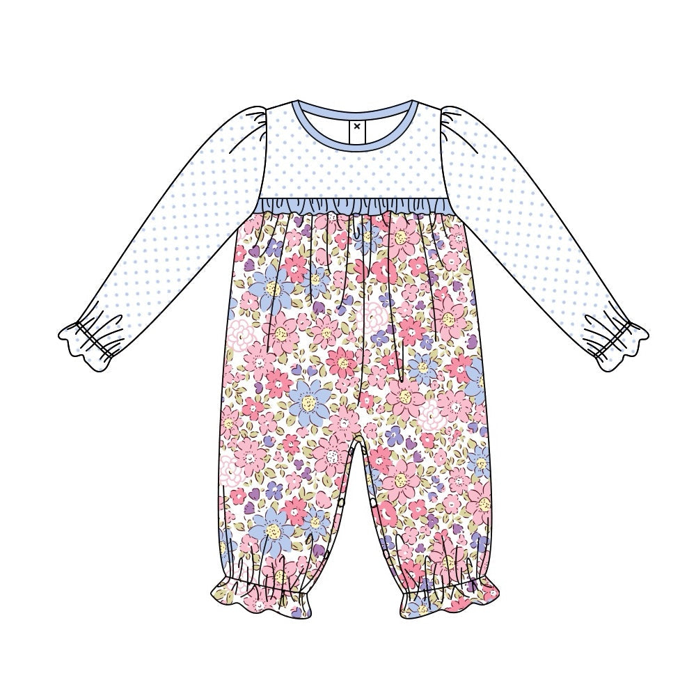 Pre-order Baby Girl Infant Long Sleeves Dots Flower Romper