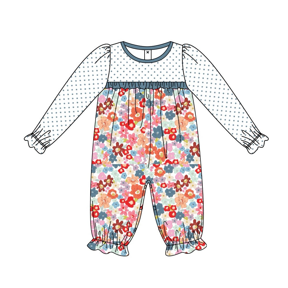 Pre-order Baby Girl Infant Long Sleeves Dots Flower Romper