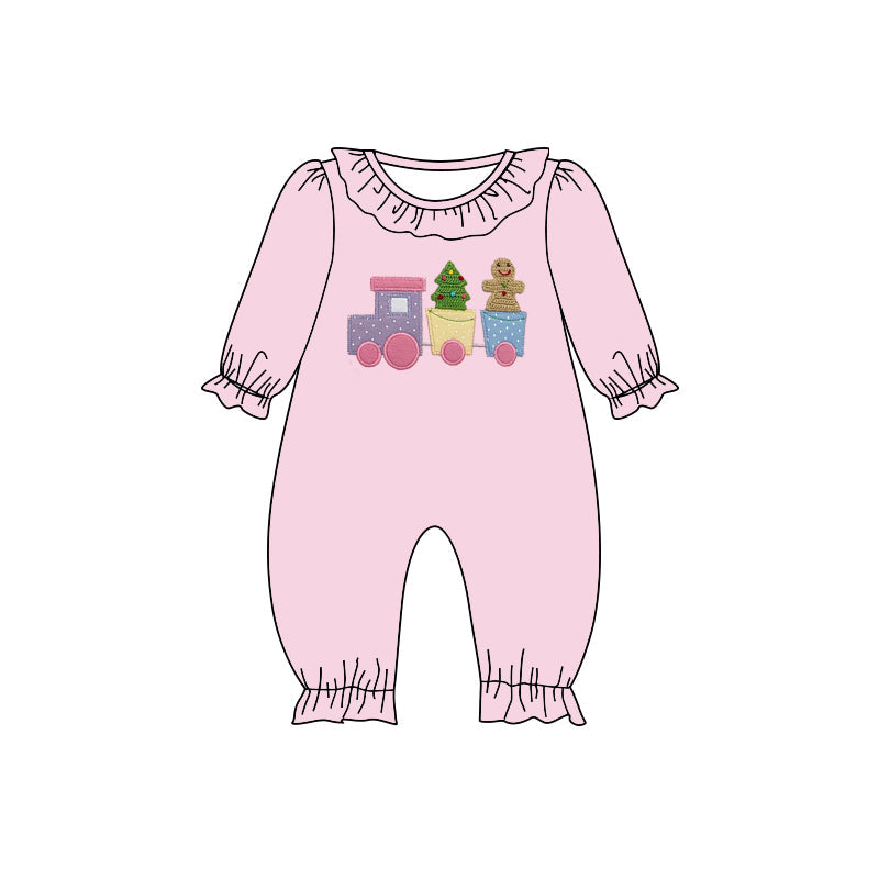 Pre-order Baby Girl Infant Christmas Gingerbread Train Pink Romper